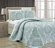 Mk Collection 3pc Queen Oversize Reversible Quilted Bedspread Set Floral Light Blue White Gray Navy Blue New