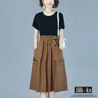 在飛比找momo購物網優惠-【JILLI-KO】假兩件拼接時尚氣質長裙連衣裙-F(咖)