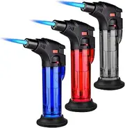 3 Pack of Torch Lighter, Jet Flame Lighter Refillable Butane Gas with with Base, Windproof with Flame Fixed Lock and Adjustable Flame Lighter for Kitchen,Outdoor,Gifts(Without Butane Gas)