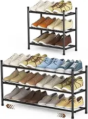 [Uneviesyka] Expandable Shoe Rack, 3 Tier Shoe Rack for Closet, Stackable Adjustable Standing Metal Shoe Shelf Organizer Storage, Small Shoe Racks for Front Door Entrance、Entryway(Black)