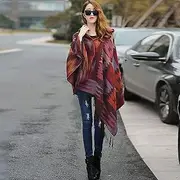 JulyCrab Vintage Women Autumn Hooded Cloak Geometric Buckle Tassel Warm Bohemian Casual Poncho