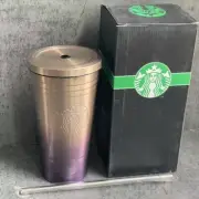 Starbucks Cold Mug w/Straw Lid Stainless Steel Double Walled 16oz Gold Purple