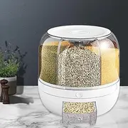 TOQUE 360° Rotating Cereal Dispenser Commercial for Kitchen, Transparent Rice Storage Pantry Grain Container Dry Food 10kg, Clear 6-Grid Divided Containers Organisation, Air Tight Plastic Box