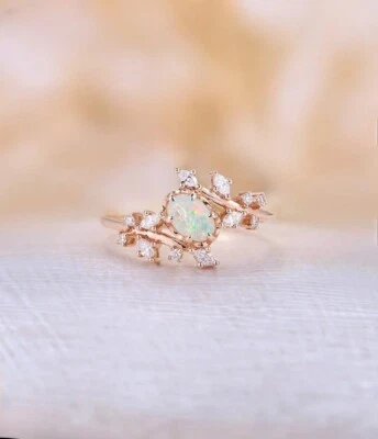 22K Gold Plated 925 Sterling Silver Natural Leaf Opal Oval Cut Anniversary Ring