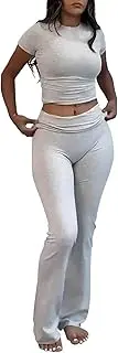 [ZFLM] Casual Workout Two Piece Outfits for Women Short Sleeve Crop High Waist Foldover Flare Pants Tracksuit Sets Streetwear