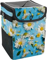 Car Trash Can with Lid and Storage Pockets Leak-Proof Organizer,Waterproof Garbage Can,White Daisy Yellow Flower