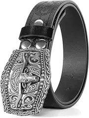 [Vikodah] Men Women-Western-Cowboy-Leather-Belts - Longhorn Bull Pattern Buckle Belt Floral Engraved Buckle Belt for Jeans, Black