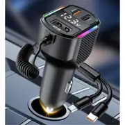 NoBrand PD 30W USB-C Car Charger - 2x USB-C & 1x USB-A - Fast Charging With 1.2m USB-C & Micro Usb Cable - Ambient Lighting - Digital Display [K4]
