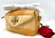 AUTH NWT $598 Tory Burch Kira Patchwork Mini Leather Camera Bag Golden Straw Mix