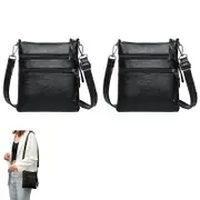 2pcs Mobile Phone Bag Multi Zipper Pocket Cross Body Bag with Detachable Strap-Black