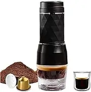 3 In1 Portable Coffee Machine Hot/Cold Water Manual Espresso Maker For Capsule & Ground Hand Press Brewer Hiking Travel(Black)