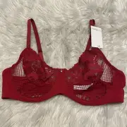 Le Mystere 36D Bra Red Lace Allure Unlined Underwire Back Closure Sheer NEW