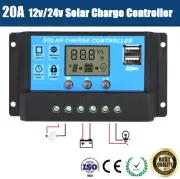 20A 12V/24V PWM Solar Panel Charge Regulator Battery Controller LCD Display USB