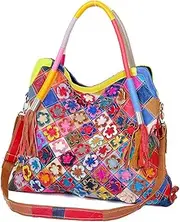 [Segater] Women's Flower Multicoloured Handbag Genuine Leather Shoulder Bag Designer 3D Colourful Patchwork Purse Work Shopper Satchel