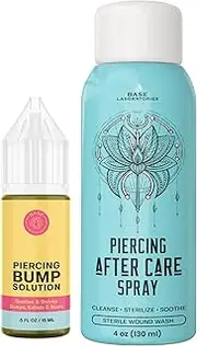 BASE LABORATORIES Piercing Aftercare - Piercing Bump Treatment Kit | Keloid Bump Removal Oil + Piercing Aftercare Spray for Ears, Nose, Body(4oz) | Piercing Cleaner Saline Solution Spray 15ml + 4oz