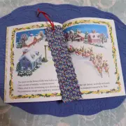 Bookmark CHRISTMAS Fabric or Cloth Blue with STRING LIGHTS Handmade Red Ribbon