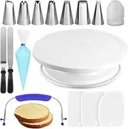 RFAQK 35PCs Cake Turntable and Leveler-Rotating Cake Stand with Non Slip pad-7 Icing Tips and 20 Bags- Straight & Offset Spatula-3 Sc Set -EBook -Baking Tools(White)