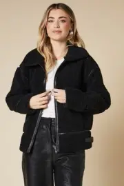 Dorothy Perkins Womens Jacket Black Borg Fabric Zip Through Warm Casual