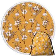White Purple Flowers over Yellow Round Beach Towel