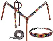 Showman Bright lor Bead Southwest Design Leather Headstall & Breast llar Set, Average Full Size Horse
