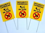 SECURITY CAMERAS IN USE - NO DOG POOP 8"X12" Plastic Coroplast Signs w/Stakes Y