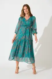 Women's Party Fatal Attraction Midi Dress 3/4 Sleeve in Blue with Multi Print Chiffon 8