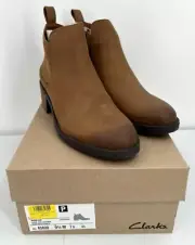 CLARKS MEMI ZIP LEATHER ANKLE BOOTS Women's Size 9.5 M Dark Tan Block Heel