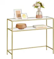 39.4 Console Sofa Table with Tempered Glass and Metal Frame - Gold Color