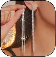 [HUJUON] Elegant Long Rhinestone Chain Earrings. Punk Double Strand Tassel Line Earrings Minimalism Crystal Drop Earrings for Women Wedding Jewelry