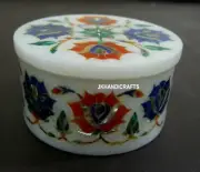 3'' Round White Marble Ring Box Trinket Box Semi Precious Stones Inlay Art