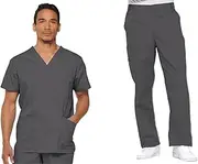 [Dickies] EDS Signature Men Scrubs Set 81906 V-Neck Top & 81006 Zip Fly Pull-On Pant, Pewter-M Top/L Pant, White, Large Top / Medium Pant