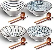 Zopeal Ceramic Ramen Bowl Set of 4 40 Ounce Japanese Large Ramen Bowls with Chopsticks and Spoons and Racks Ceramic Ramen Asian Soup Bowl Stand for Udon Soba Pho Asian Noodles Soup Ramen Salad Pasta