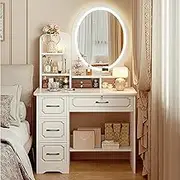 LGYWPA Bedroom Dressing Table with Lighted Mirror and LED Lights and Adjustable Brightness, Vanity Desk with 4 Large Drawers and 3 Shelves Storage, White Modern Makeup Desk,80*40*138cm ,round mirror