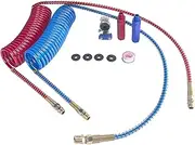 15FT Air Brake Line Hose Coiled Assembly with Glad Hands & Grips & Rubber Seals, Red and Blue Trailer Air Hose, with 1/2" NPT DOT Fittings 12" & 40" Tractor Leads
