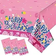 Oudain 3 Pack Hawaiian Birthday Party Tablecloth Covers Cartoon Summer Element Pattern Table Cloths 108'' x 54'' Luau Disposable Plastic Waterproof Rectangular Covers for Birthday Tropical (Pink)