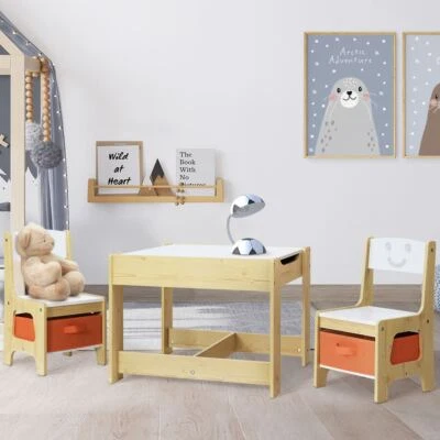 3 PCS Kids Table & Chairs Set Reversible Chalkboard Activity Desk Durable White