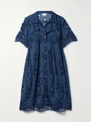 [Miguelina] Miguelina - Alanna Corded Lace-paneled Cotton-chambray Mini Dress - Blue - x small x small Blue