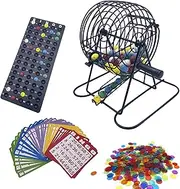 JUNWRROW Deluxe Bingo Game Set With 6 Inch Cage, Master Board, 75 Colored Balls, 50 Cards, 500 6 Color Mix Chips, Bags Included - Ideal for Large Groups