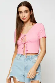 Pink Crop Cardigan Short Sleeve Tie Front - Size M, Women's Basic Cardigan