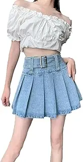 [Alloaone] Women's Spring Summer High Waist Denim Short Skirts with Belted Pleated Sexy Mini Skirt
