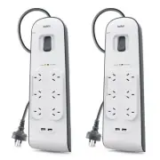 2x Belkin 2M 6 Way Power Board Outlet Surge Protector 2.4A 2 USB Port Charger