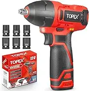 TOPEX 12V Cordless Impact Wrench Electric Impact Wrench 3/8-Inch Chuck Powerful Motor High Torque Impact Gun 120 N.m, with 6 Sockets, Lithium-Ion Battery, Charger