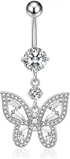 [Niaspi] 14G CZ Butterfly Dangle Belly Button Rings for Women Hypoallergenic G23 Titanium Belly Navel Barbell Rings Dainty Body Piercing Jewelry
