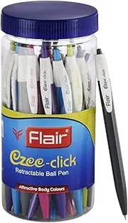 FLAIR Ezee Click 0.7 to 1 mm Ball Pen Set Jar Pack | Retractable Mechanism With Comfortable Grip For Smooth Writing | Different Playful Body Colors | Blue Ink, Pack of 25 Pens