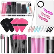 Generic Disposable Makeup Applicators Kit with Makeup Puffs, Mixing Palette, Mascara Wands, Lip Brushes, Hair Clips, Powder Puffs for Face, Storage Box (Black & Hot Pink)