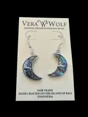 Vera Wolf Fair Trade Paua Shell Crescent Moon Sterling Silver 925 Earrings J2