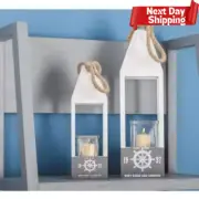 Coastal Nautical Lanterns with Rope Handles - Set of 2 Decorative Candle Holders