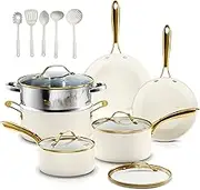 Gotham Steel 15 Pc Pots and Pans Set - Non Stick Ceramic Cookware Set, Dishwasher Safe, Non Toxic, Cream White