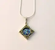 Sterling Silver Gold Necklace Authentic Blue Roman Glass Handmade Square Pendant