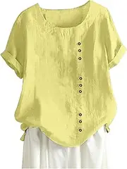 [Generic] Womens Long Sleeve Tees T Shirt Boho Tanic Size Tops Womens Linen Loose Daily Blouse Plus Button Casual Women's Blouse Hiking Shirts Women (Yellow-1, S)